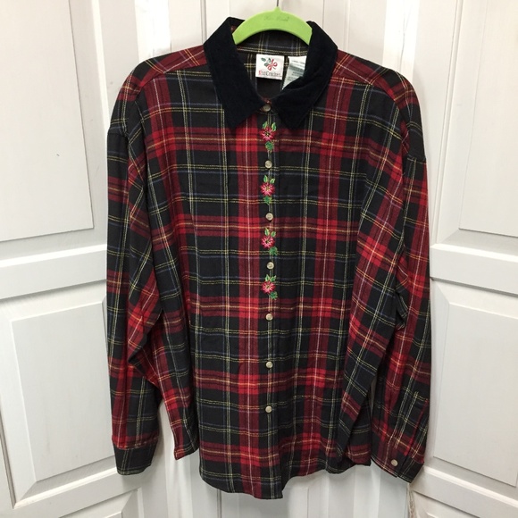 Vintage Nutcracker Red Plaid Cotton Button Down w/ Embroidery - Picture 1 of 16